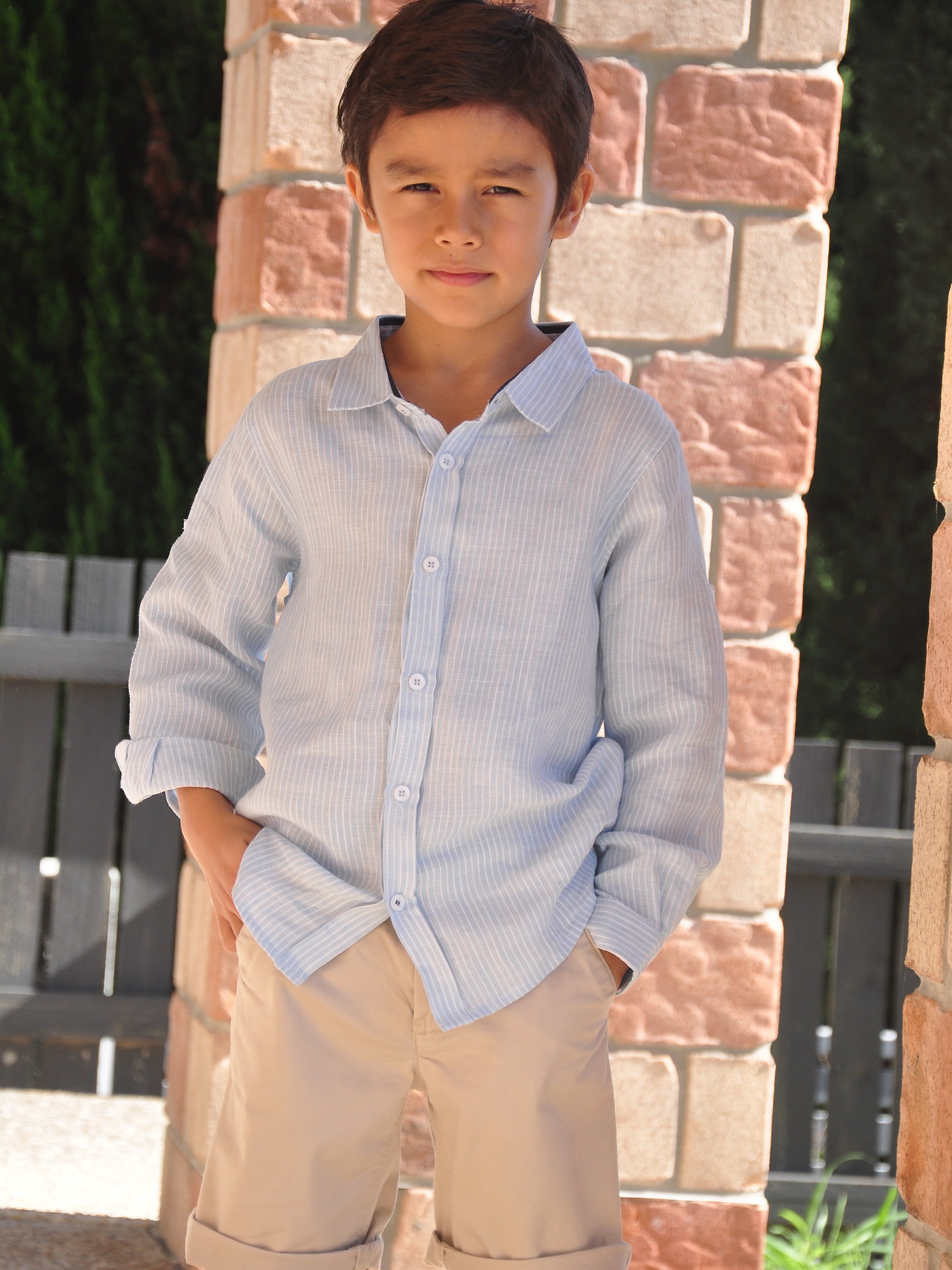 Boy Linen Shirt LS Light Blue White Stripes - vsolochildren