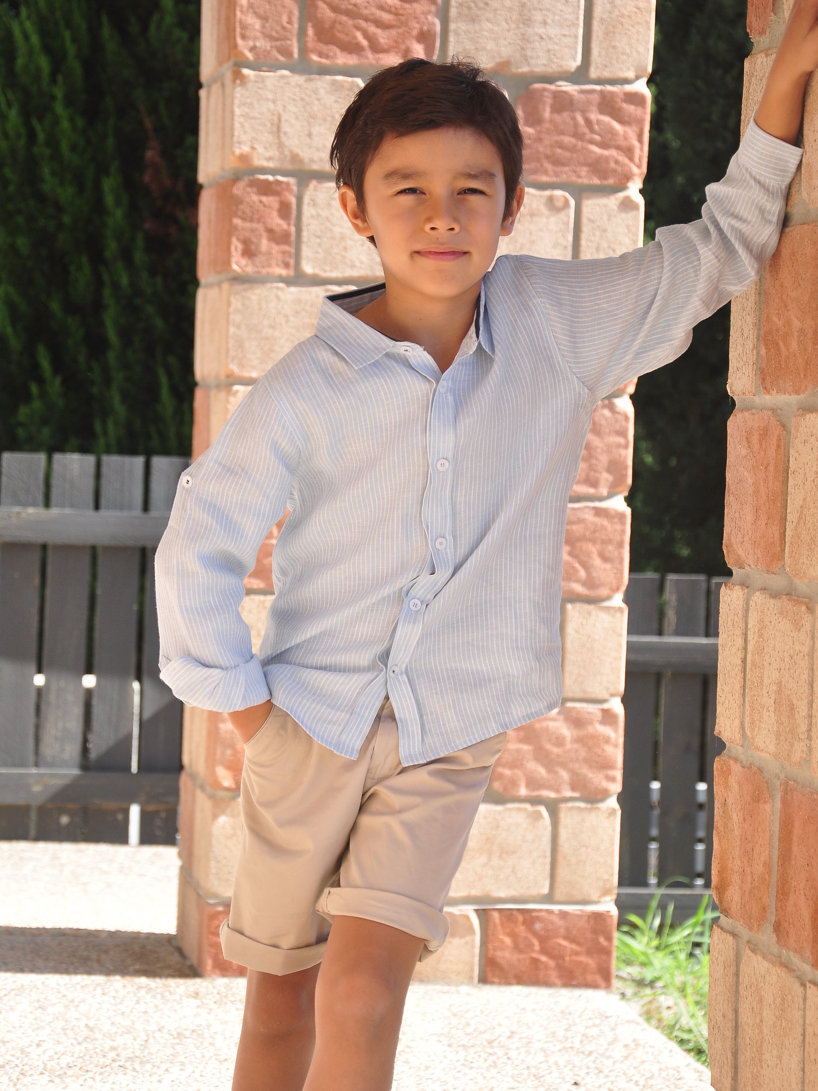 Boy Linen Shirt LS Light Blue White Stripes - vsolochildren