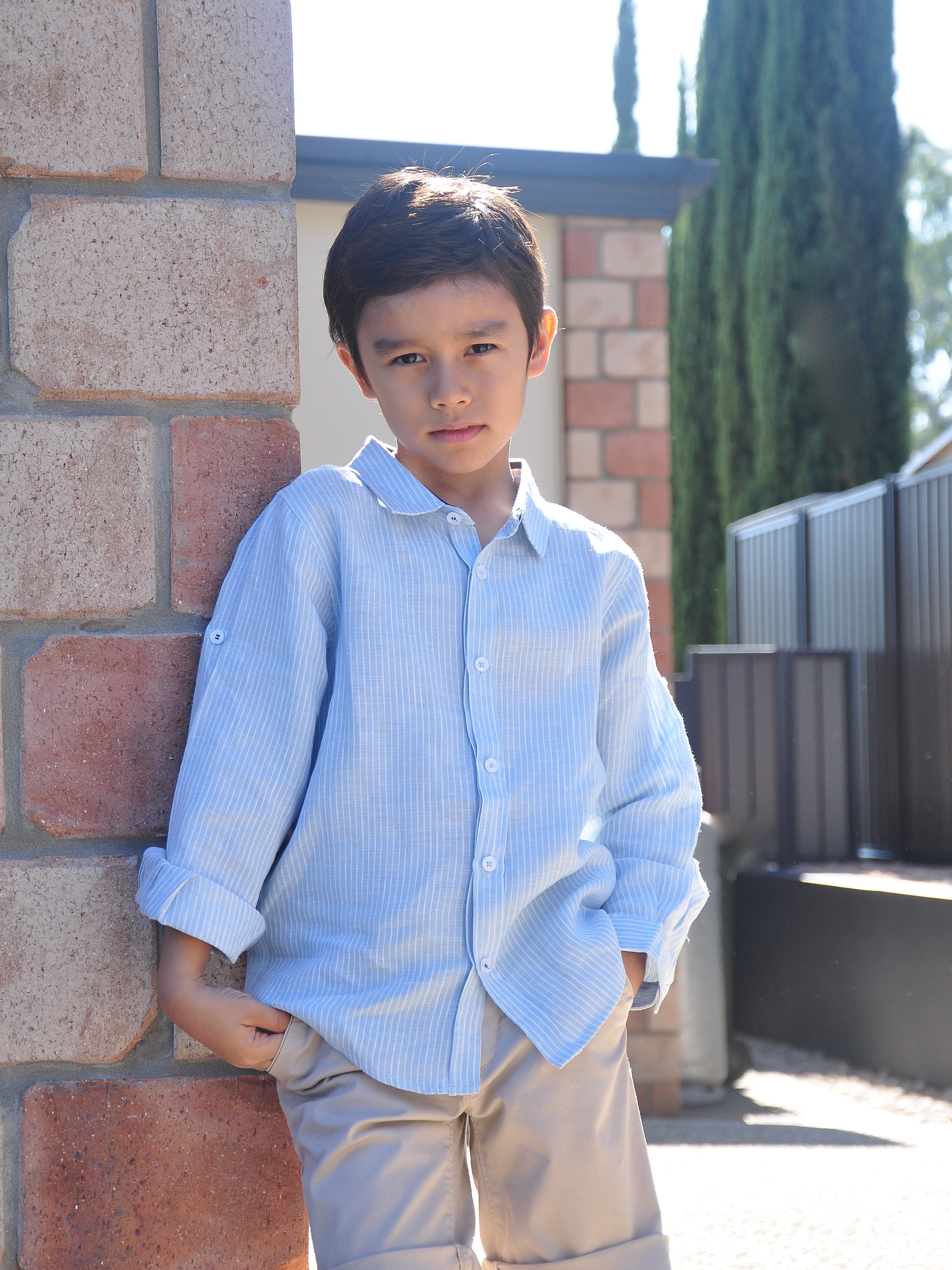 Boy Linen Shirt LS Light Blue White Stripes - vsolochildren