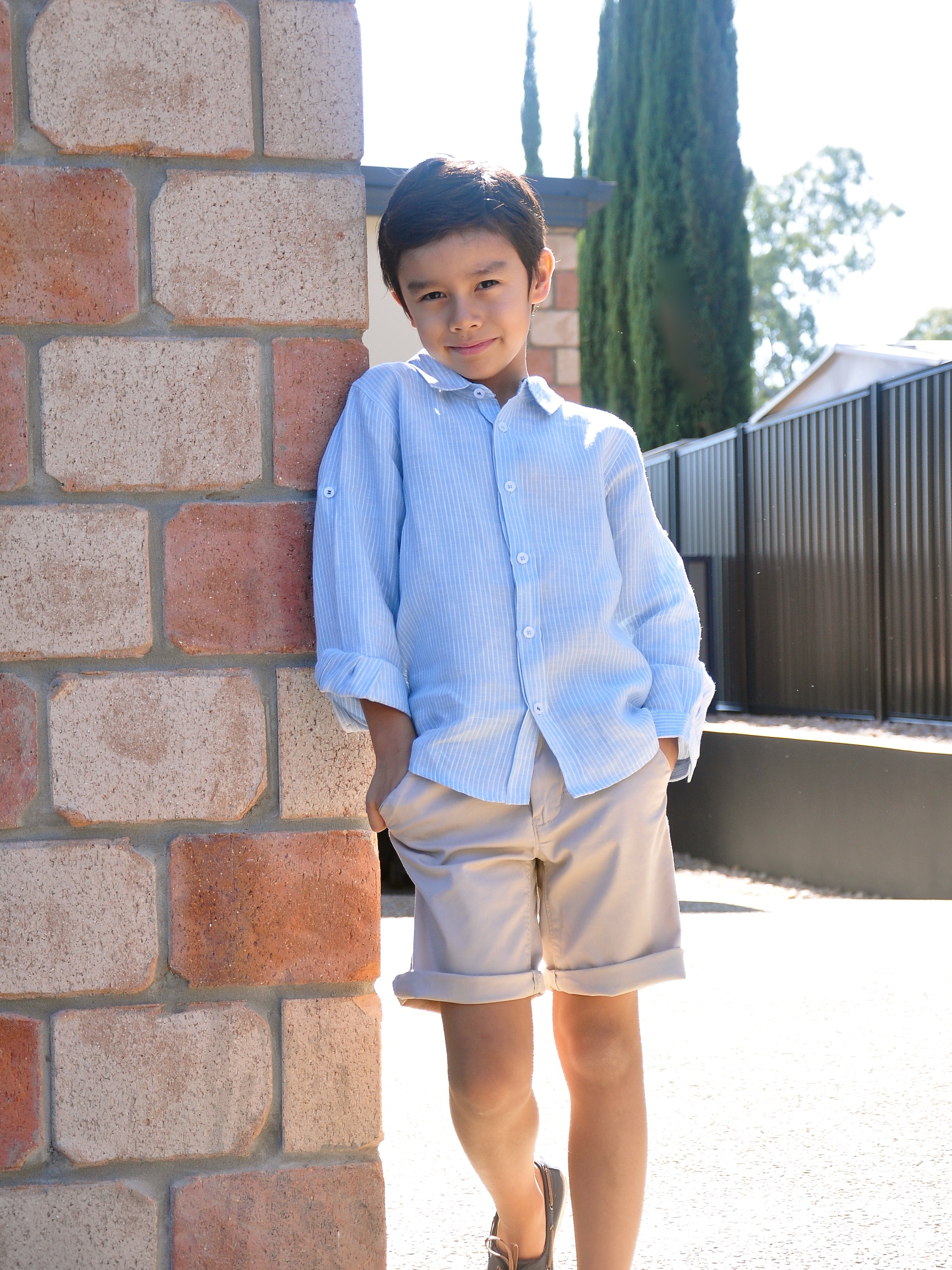 Boy Linen Shirt LS Light Blue White Stripes - vsolochildren