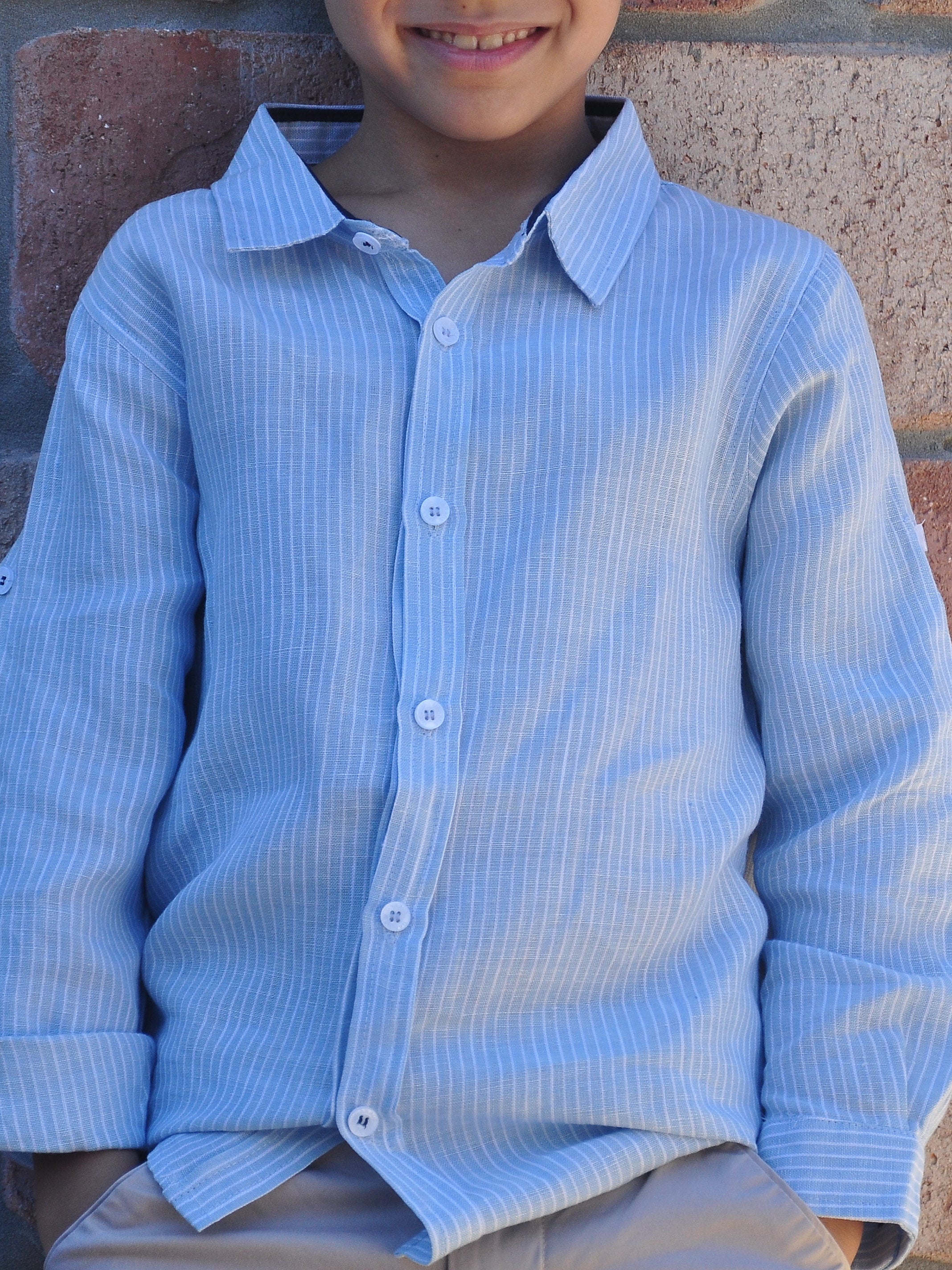 Boy Linen Shirt LS Light Blue White Stripes - vsolochildren