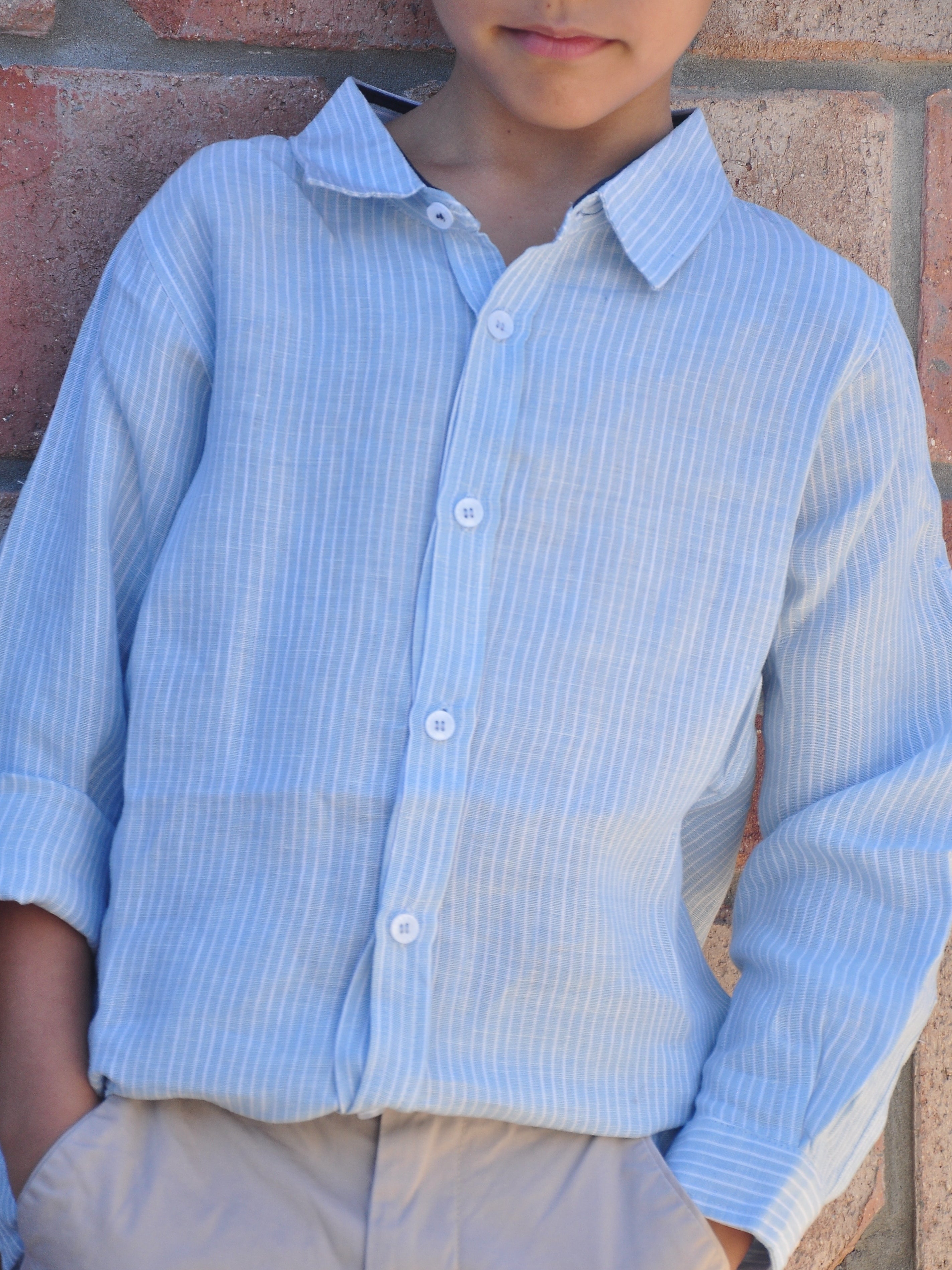Boy Linen Shirt LS Light Blue White Stripes - vsolochildren